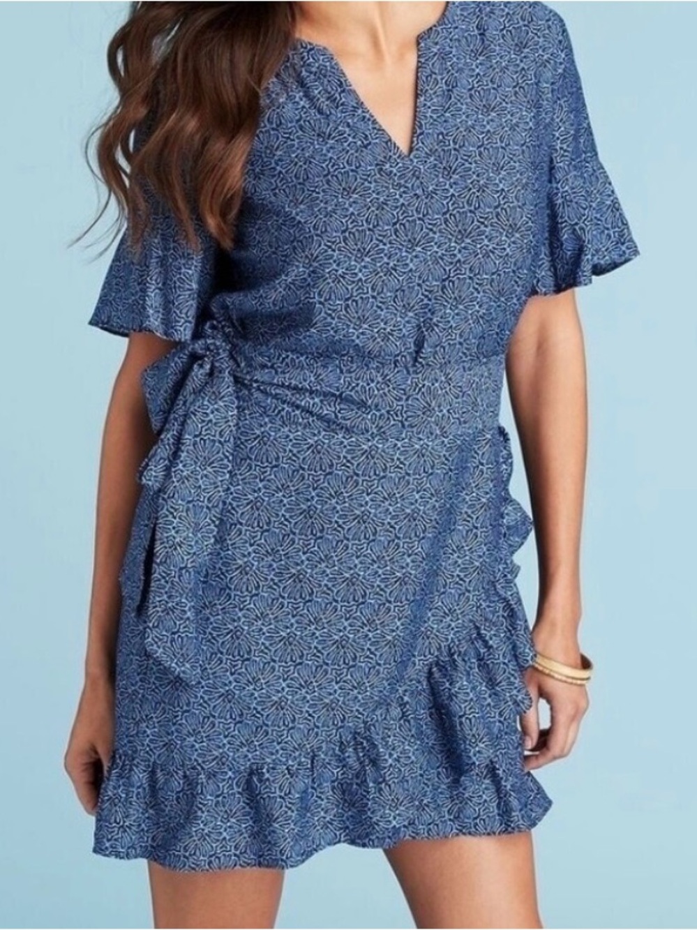 Vineyard Vines Painted Shells Blue Floral Wrap Ruffle Dress